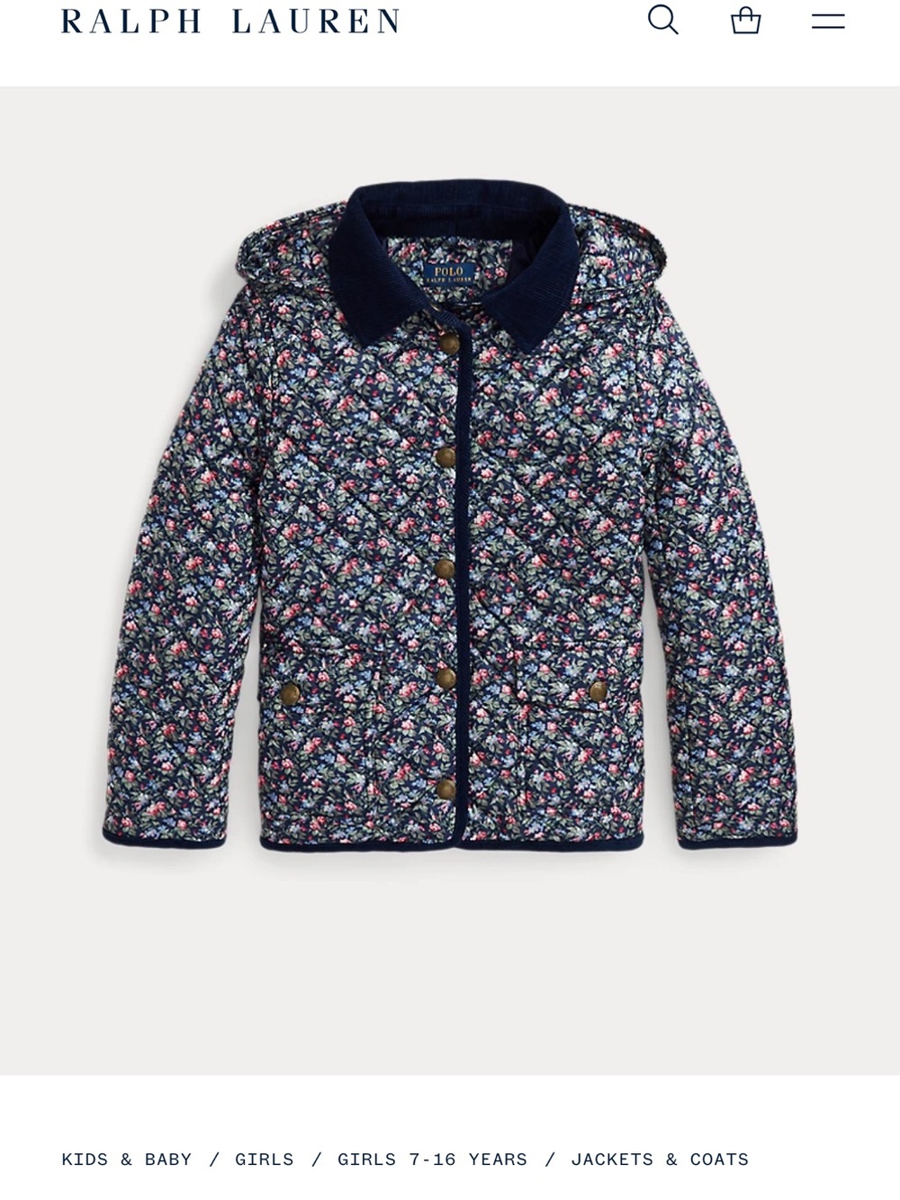 Ralph Lauren Navy Floral Quilted Hooded Jacket - Girls